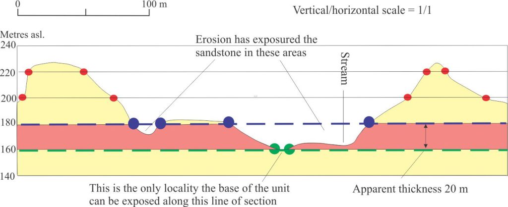 The cross-section (true scale) plots the intersection of strike lines at 180 m (blue dots - top of unit) and 160 m (green dots – base of unit) with topography (red dots). The section locates areas of (potential) exposure. Along this line of section, the map unit base is exposed only in one small area.