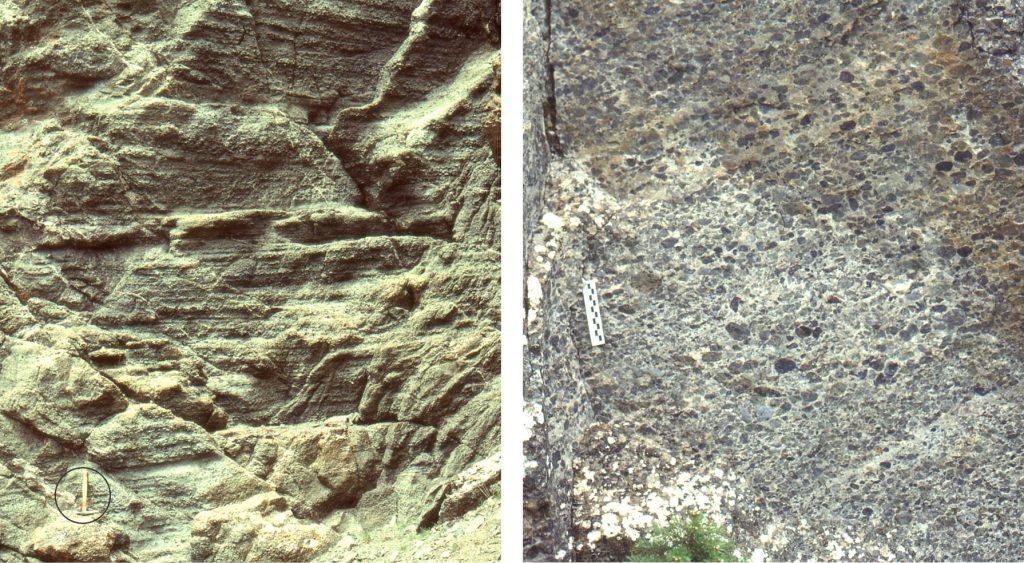 Laminated, non-cohesive, pebbly debris flows. Hammer (circled) for scale in left image; scale is 10 cm long in right image. 