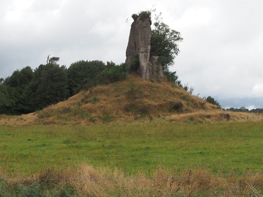 A tor at the top of the Mamaku Ignimbrite (west of Rotorua). The mound and spire are about 9m high. The general relief here also indicates the amount of denudation since ignimbrite emplacement. Taupo Volcanic Zone, New Zealand.