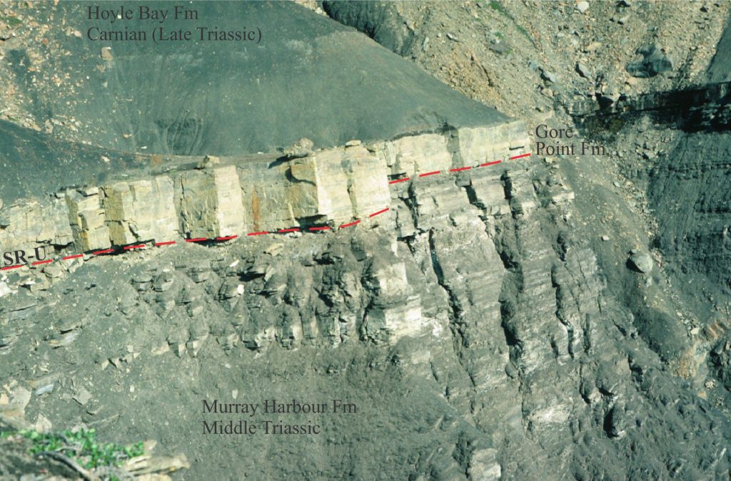 In this Late Triassic succession, a resistant unit of micritic limestone (about a metre thick) overlies an unconformable shoreface ravinement (SR-U) that (probably in combination with the subaerial unconformity) removed late Ladinian to early Carnian strata – a hiatus of about 10 million years. The transgressive limestone (Gore Point Fm. Middle Carnian) represents accumulation on a shelf at a time when terrigenous sediment supply was very low. Interbedded shale-sandstone beds below the SR-U (Murray Harbour Group) also accumulated on a shelf but during a period of greater sediment supply. Esayoo Bay, Sverdrup Basin. Image courtesy of Ashton Embry.