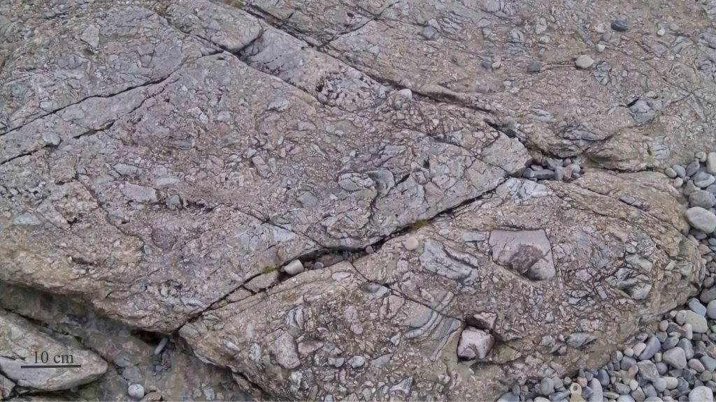 Regolithic breccia at the Moine-Old Red Sandstone unconformity contains broken fragments of schist and pelite. The fragments are mostly angular and unsorted; some are fitted. Interstices between fragments are filled mostly with grit and sand. The regolith is overlain by fluvial sandstone of the Devonian Old Red Sandstone (shown above). Portskerra, north Scotland.