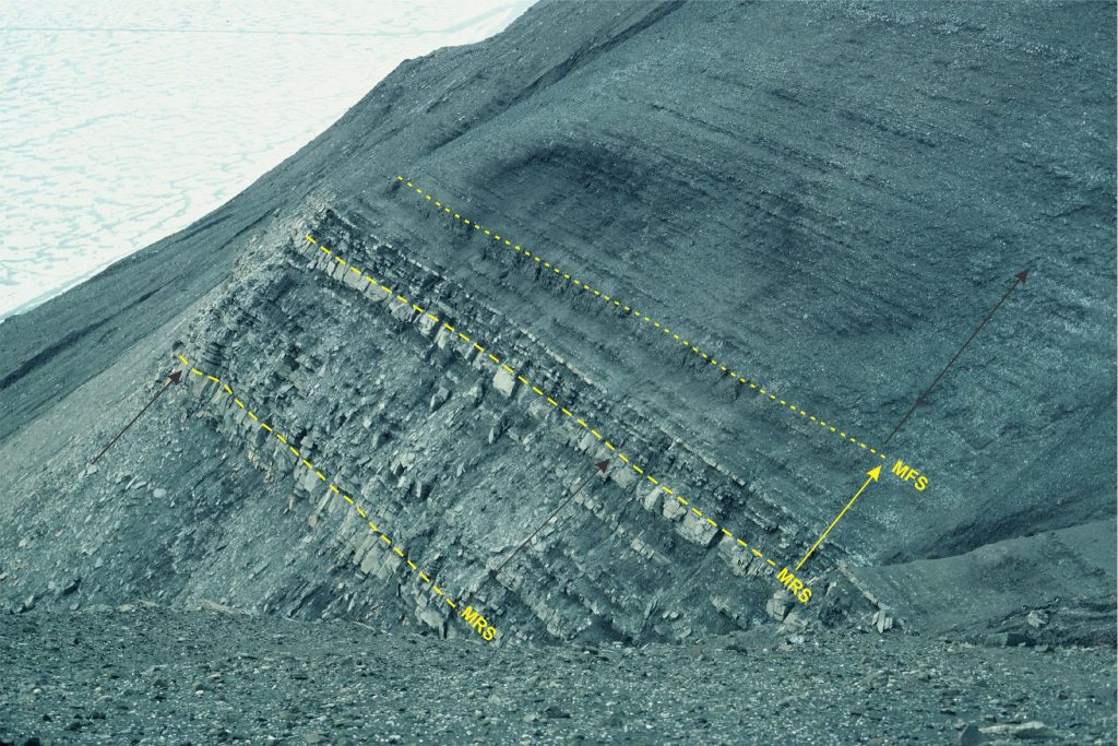Three high-order coarsening-upward shelf cycles at the top of the Blind Fiord Fm (Lower Triassic), with the maximum regressive surfaces (MRS) indicated at the top of prominent sandstone beds. The middle unit is about 3 m thick. Black arrows indicate coarsening- upward; yellow arrow is fining-upward. A maximum flooding surface is identified at the change from fining-upward to coarsening-upward trends. Smith Cliffs, Sverdrup Basin, Arctic Canada. Image courtesy of Ashton Embry.