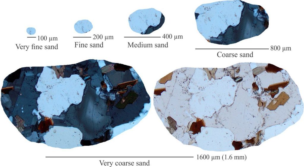 Lithic grains of granite composition at progressively fine grain size. Views of the very coarse sand grain are crossed polars on the left, plain polarized light on the right. All other grains are crossed polars.