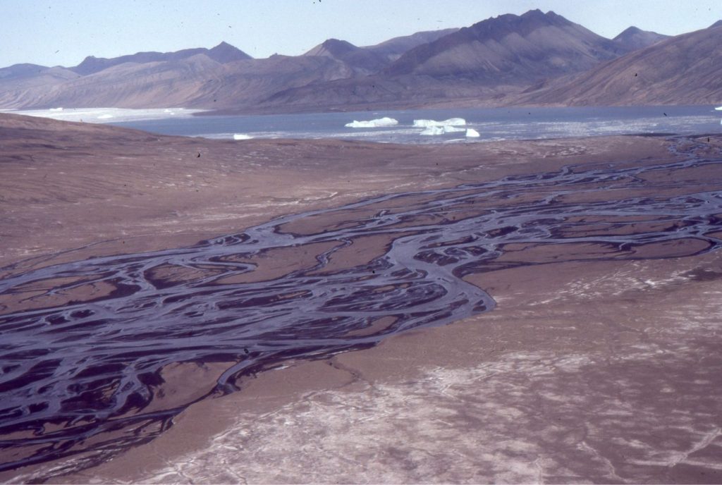 Braided rivers are a common sight in mountainous, eastern Canadian Arctic, this one draining into Strand Fiord, Axel Heiberg Island. Flow is seasonal, and at a maximum during spring-early summer thaw. Late summer low water levels expose large mid-channel gravel bars, dissected by chutes during peak flow runoff. Partially submerged active bars are developed around more sand prone tabular bedforms during late summer low-flow conditions (this view). The floodplain has only sparse vegetation – bank collapse supplies slugs of gravel to the active channels.