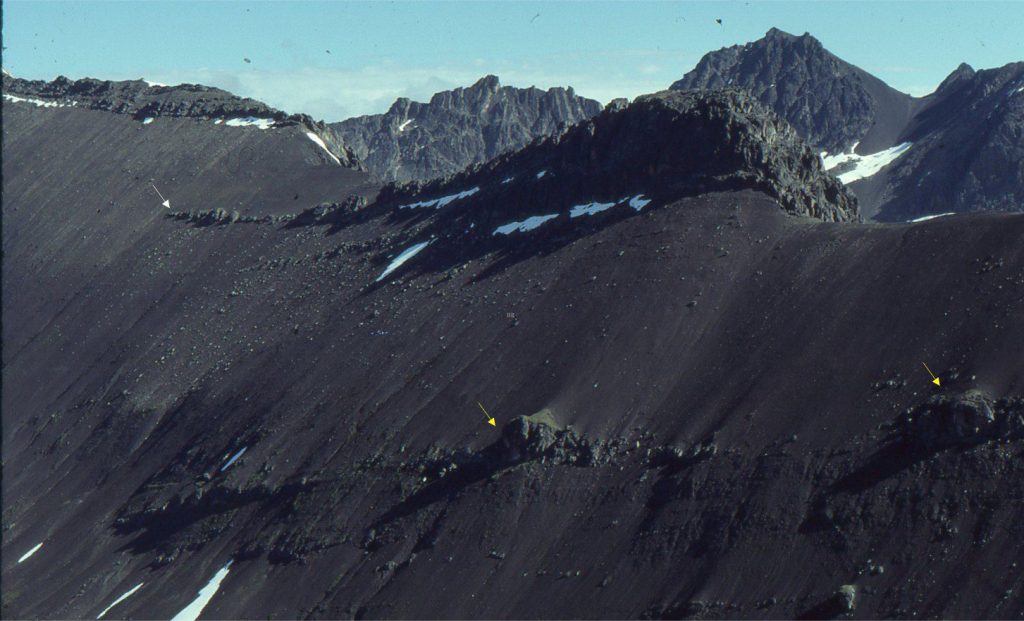 A submarine channel from thalweg to overbank pinchout margin (white arrow), incised into slope mudrocks and filled by debris flow conglomerates (about 20 m thick). Lower in the succession, a couple of overbank debris-flow lobes sourced and isolated from an older channel bankfull event (yellow arrows). Mid Jurassic Bowser Basin, northern British Columbia.