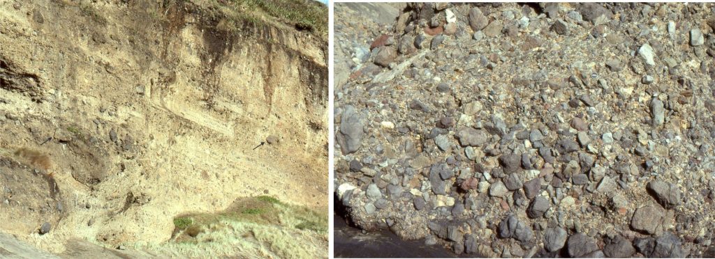Left: Flow upon flow upon surge of matrix-supported debris on the flank of an Early Miocene andesite volcano (Waitakere Arc), west Auckland, NZ. The cliff is 12 m high. The largest clasts are 75 cm long (arrows). Right: A closer view of a volcanic debris flow, clast-supported at its base becoming matrix-supported high in the flow unit (120 cm thick). Andesite clasts are angular to subrounded; molluscs, bryozoa, and solitary corals occur as framework and matrix fragments.
