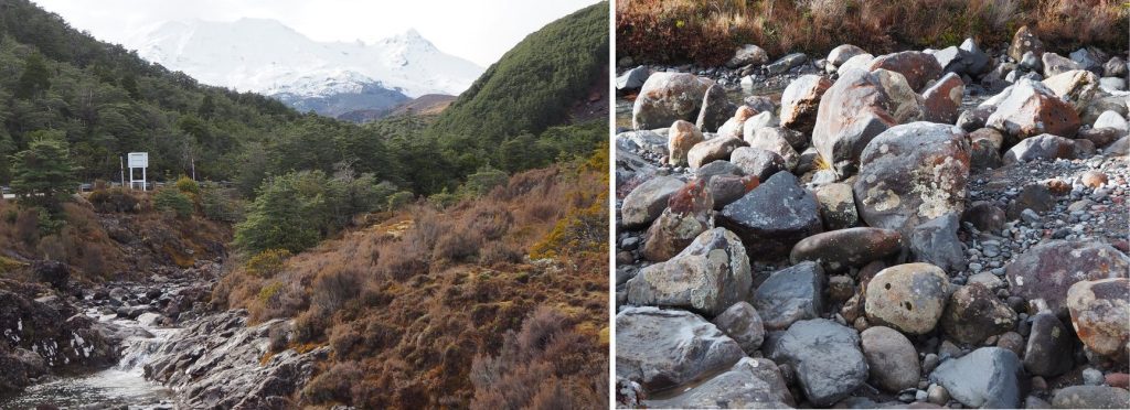 Left: Bedrock floored boulder stream draining the outer slopes of the active volcano, Mt. Ruapehu, New Zealand. There are multiple bedrock and boulder steps and pools along its course. The channel margins are mantled by coarse- and fine-grained tephra, colluvium, and paleosols. Right: An exposed part of the active channel containing a mix of rounded and angular gravel clasts (andesite and basalt) and scattered pockets of sand. The summit is about 5 km away (line of sight), along which there are multiple bedrock (lava flows), tephra, and colluvium sources. Significant rounding of clasts can occur over that distance.
