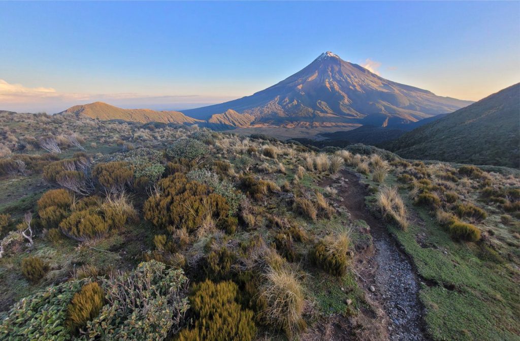 The almost perfectly symmetrical profile of the Late Pleistocene stratovolcano Mt. Taranaki, the late afternoon sun emphasizing its ribbed carapace and incised mountain streams. The view is from Pouakai Track, where there is an overnight camp to complete the end of a fine day’s hike from the mountain flank. Hiked with my son Sam Ricketts, who took this photo. 