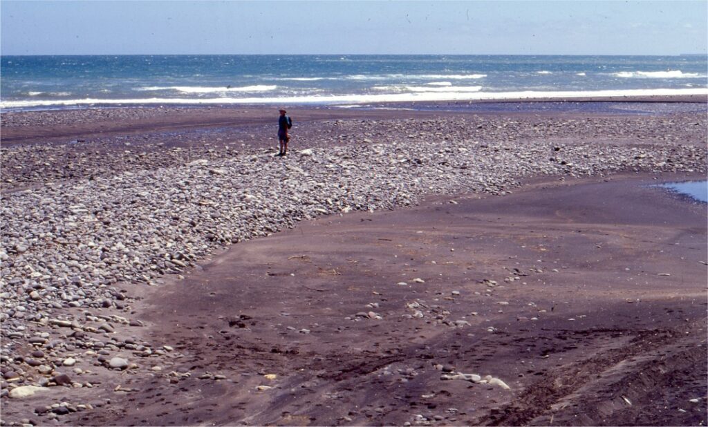 Gravel, or mixed gravel-sand beaches and bars are common at river mouths like this one - Tangahoe River on the north Taranaki coast, New Zealand. In this case gravel is sourced from the river. However, most of the sorting, rounding, and redistribution of gravel clasts takes place under continuous wave wash across the beach.