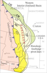 Foredeep and forebulge (peripheral bulge) migration mapped for a 25 million year interval (Campanian to Early Paleocene), for the Western Interior (foreland) Basin. Note that the black boundary lines locate the inferred hinge between the foredeep and forebulge. For each time interval the cratonward basin margin will lie east of these hinge lines, and the deformation front margin will lie immediately outboard of the thrust belt. EC = Early Campanian; MC = middle Campanian; LC = Late Campanian; EM = Early Maastrichtian; LM = Late Maastrichtian; EP = Early Paleocene. Modified slightly from Miall and Catuneanu, 2019.