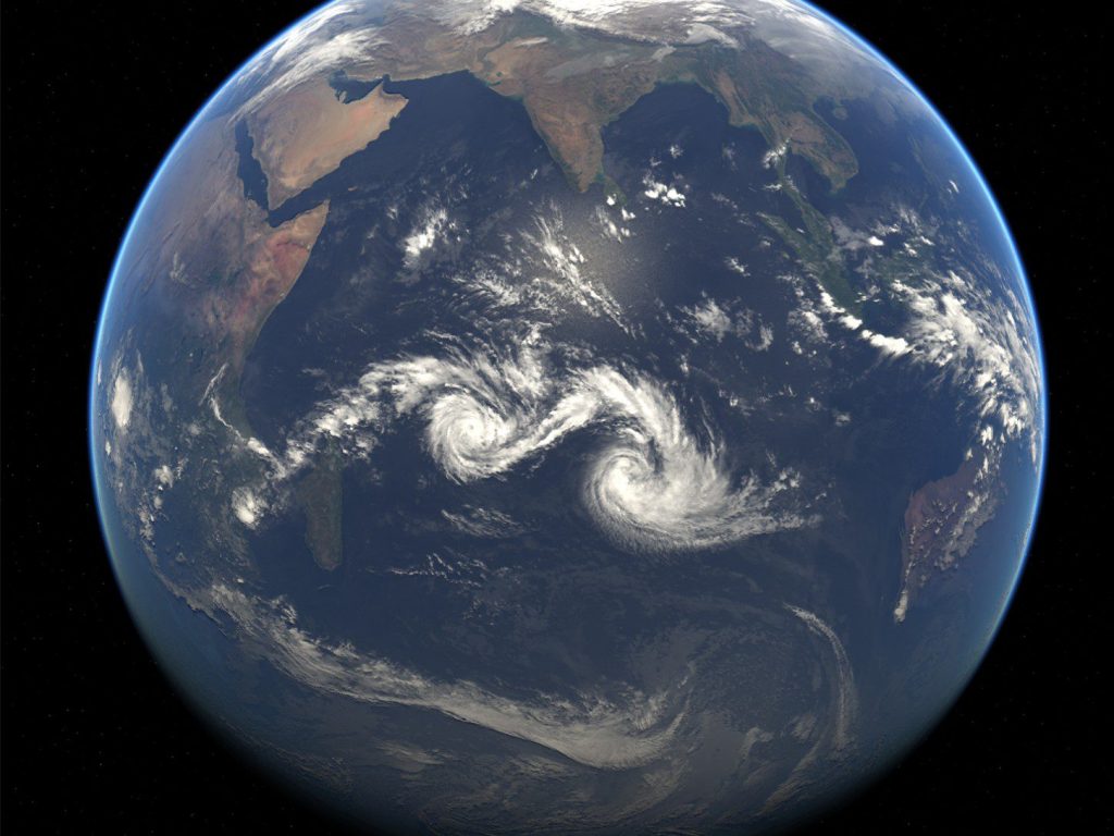 This EUMETSAT / Japanese Meteorological Agency (January 29, 2015) composite image of two tropical cyclones in the Indian Ocean between Madagascar and Australia is a good illustration of the relative sizes of these storms. These two (Diamondra and Eunice) are about 1,500 kilometres apart.