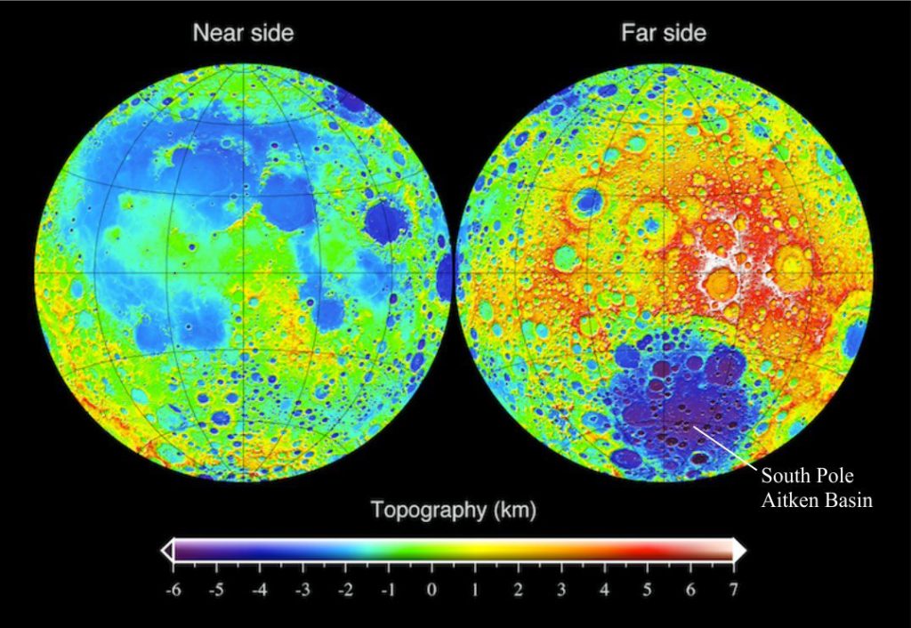 Detailed topography maps of the Lunar near side (left) and far side, based on data collected by the Laser Altimeter onboard Lunar Reconnaissance Orbiter. Elevations are measured relative to the average lunar radius (datum). Surface features as small as 45.7 cm can be resolved. Some of the highest elevations are located on the far side (white colours surrounding craters slightly right of centre). The lowest elevations occur near the far side South Pole. Image credit: NASA