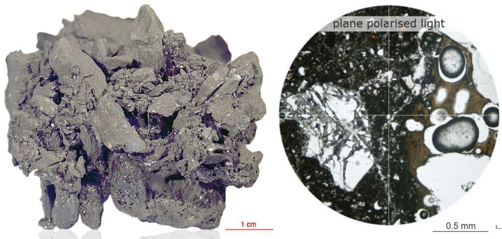 An example of very porous, agglutinate impact breccia, where most of the clasts are reworked, fine-grained breccia impact gardened from older impact events (NASA sample #70019). The fragments are welded by dark coloured glass. The thin section image (right, plane polarized light) shows a plagioclase crystal shattered during shock metamorphism, and a vesicular glassy fragment, also derived from an earlier impact heating event – the vesicles are oval-shaped. Both fragments are embedded in black glass. Image credit: Virtual Microscope 