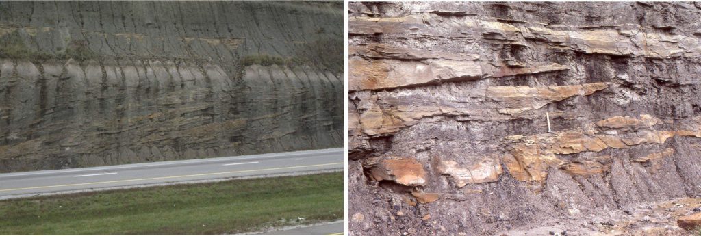 Lateral accretion in this Carboniferous point bar is characterised by discontinuous wedge-shaped sand beds interleaved with siltstone-mudstone layers. From a distance, (left) the inclined lateral accretion beds look quasi-continuous, but their complexity becomes apparent on closer inspection (right). Kentucky, Highway I64.