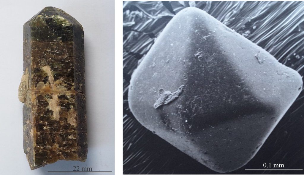 Minerals are defined by their chemical composition and their crystal forms. Miller, and Miller-Bravais indices are the standard where every face on a crystal is given a unique description that in general notation are written as (hkl) and (hkil). Two of the most common forms are prisms (the tourmaline crystal on the left), and pyramids as shown in the tourmaline crystal termination and the volcanic quartz.