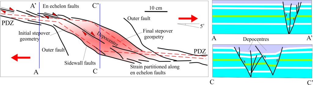 Left: Surface map view of the pull apart depocentre and fault arrays after 6 cm displacement, prior to post-kinematic sediment addition. The trend of the PDZ is 5o to the imposed displacement vectors. The main depocentre is segmented by a central oblique slip fault. The basin sidewalls are formed by linked, en echelon faults having sinistral displacement vectors - the same sense as the PDZ. The region between the sidewall and outer faults also shows a small amount of subsidence. Right: Cross-sections at locations A and C show the fault geometry for the PDZ and central basin respectively. The uppermost layer of sand (mauve) is post-kinematic. Both diagrams redrawn from Wu et al., 2009, Figure 7a panels A and C at 6 cm displacement, and Figure 7b.